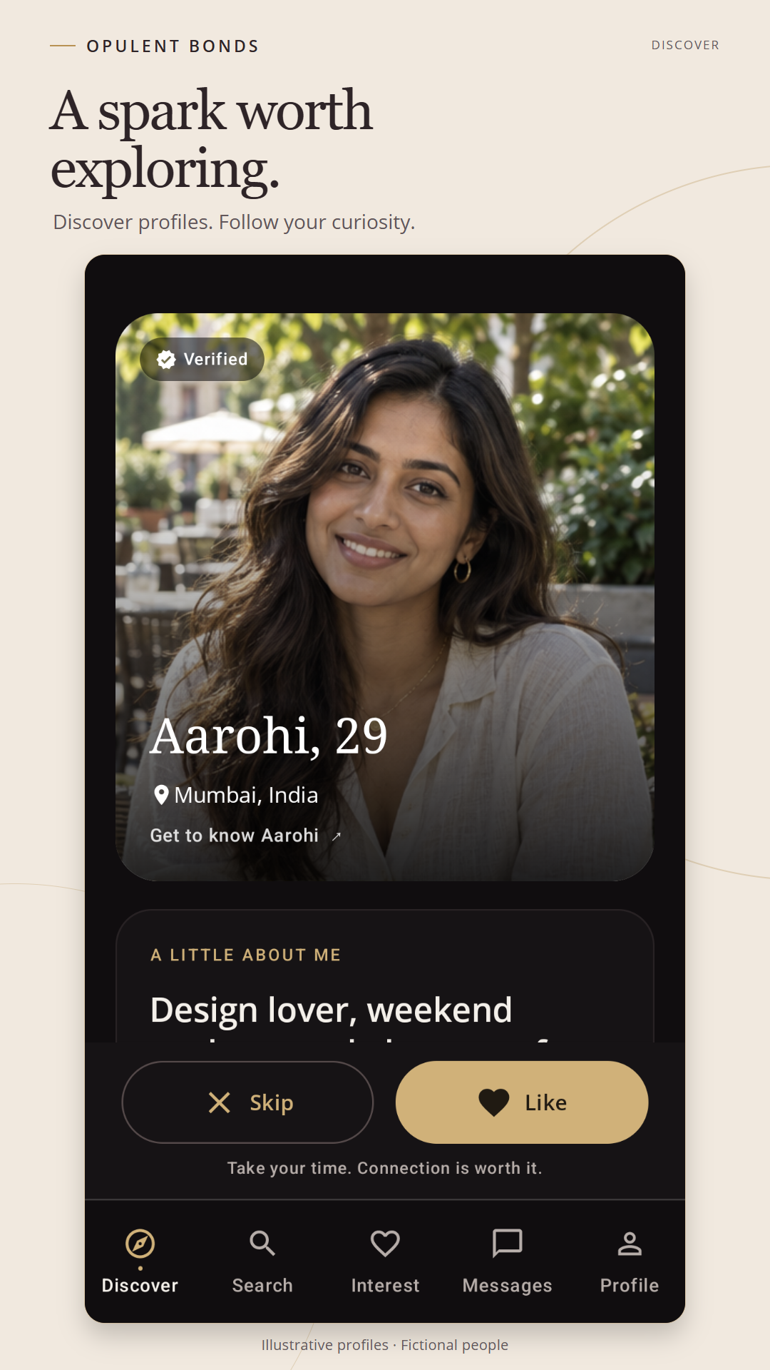 Illustrative Opulent Bonds Discover screen with a fictional member profile