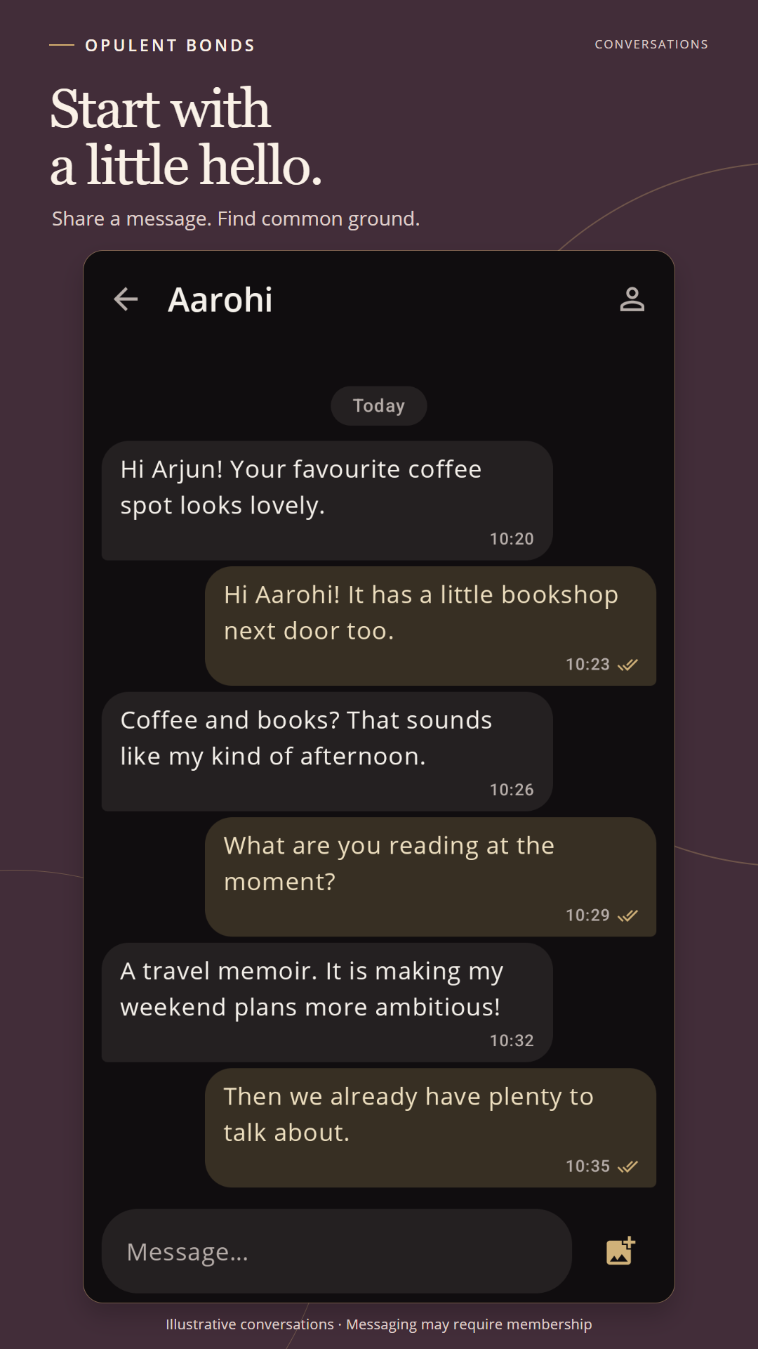Illustrative Opulent Bonds private chat screen with fictional messages