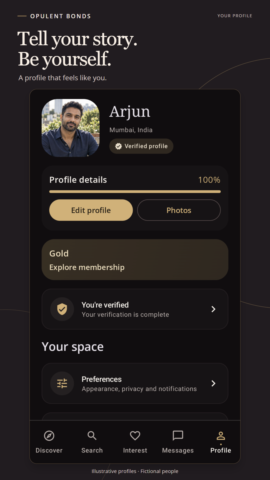 Illustrative Opulent Bonds member profile screen with fictional details